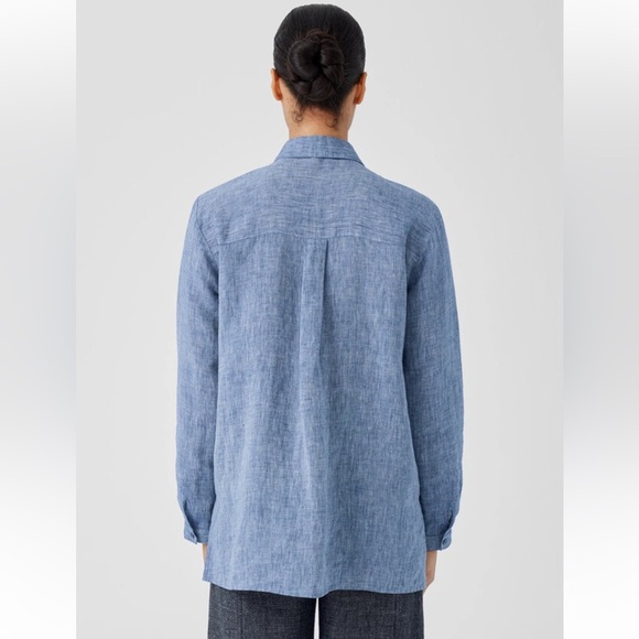 $169 Eileen Fisher Yarn-Dyed Handkerchief Organic Linen Shirt size large blue - Picture 3 of 11